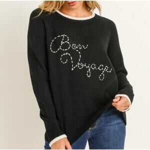 Graphic Embroidered Black Knit Sweater Pullover Lightweight Medium